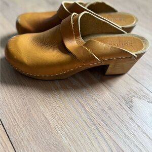 Sanita Danish Tan Leather Clog with Wooden Heel